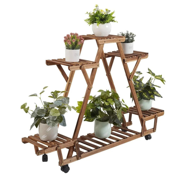 Triangular wooden plant shelf with 6 potted display rack and wheels