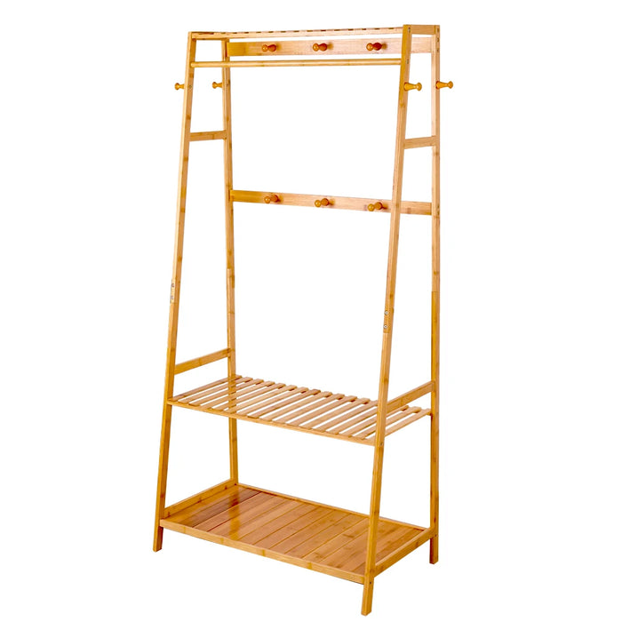 Bamboo Garment Coat Rack with Top Shelf & 2-Tier Shoe Storage Organizer - Yellow