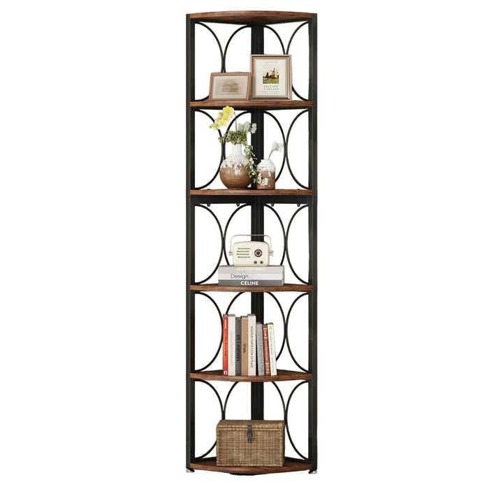 Tall Corner Bookshelf with 6 Shelves Rustic Wooden Storage Unit for Living Room