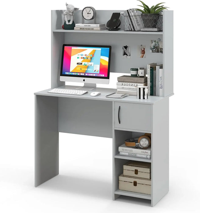 Home Office Computer Desk Gray with Raised Shelf, 2 Open Shelves & Cabinet with Adjustable Storage