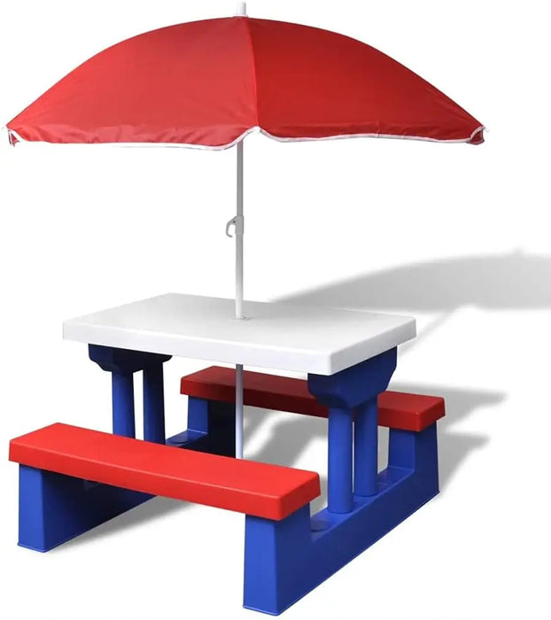 Multicolour Outdoor Picnic Table with Benches and Parasol Durable Plastic & Steel