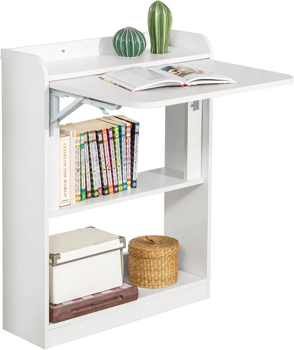 Wall-Mounted Foldable Computer Desk Workstation with 3 Storage Shelves