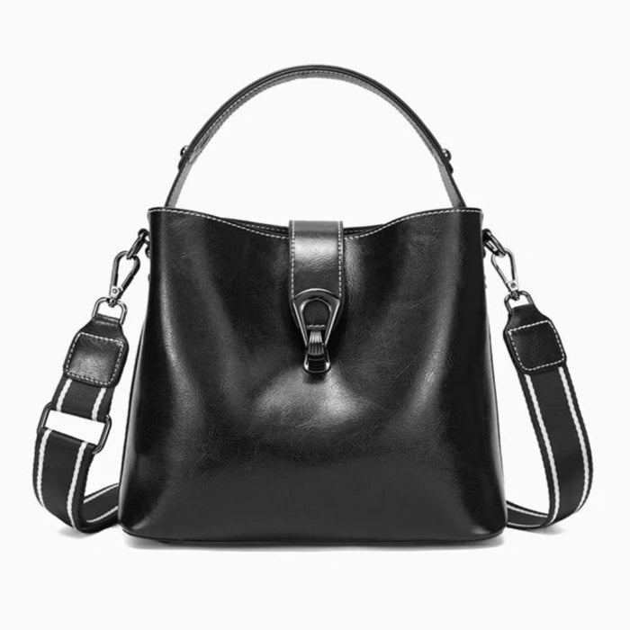 Black genuine leather women's bucket bag with large capacity crossbody tote