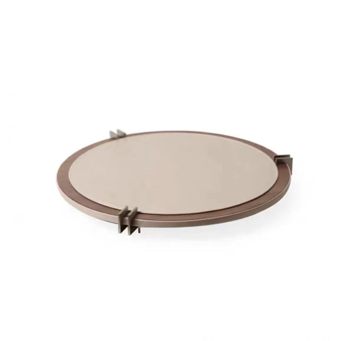 Round Walnut Leather Tray with Metal Frame for Home Decor