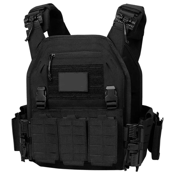 Tactical black plate carrier vest with quick release and adjustable straps