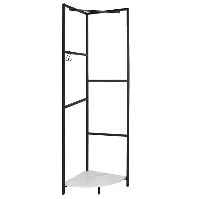 Freestanding corner coat rack stand with shelf in black metal finish