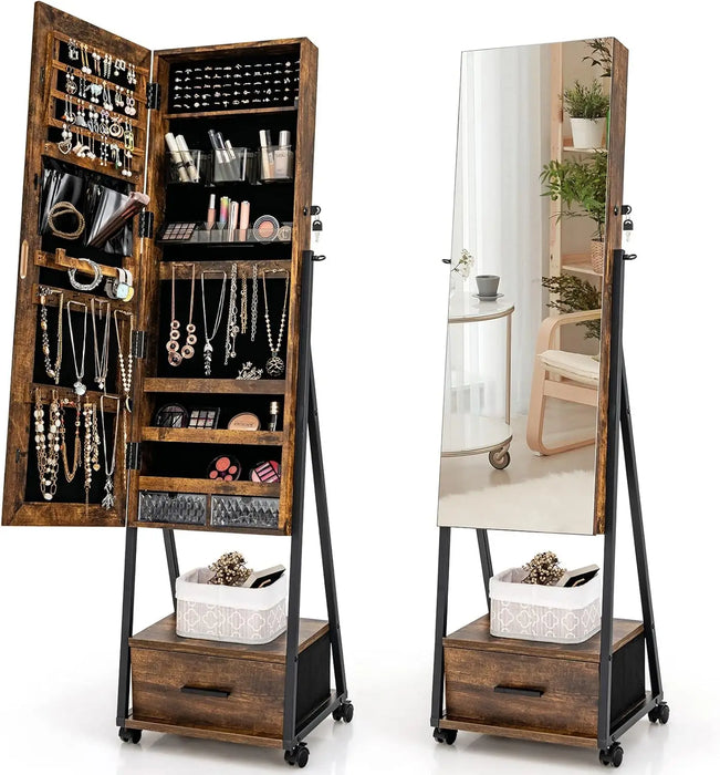 Standing Jewelry Organizer with Mirror, Lockable Door, Velvet Lined Drawers & Wheels
