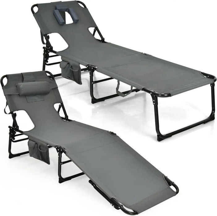 Portable Beach Lounge Chair with Face Opening, Removable Pillow & 5 Reclining Positions