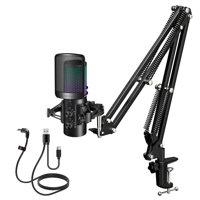 RGB Gaming USB Mic, 16dB Noise Cancellation, Mute & Boom Arm - Black