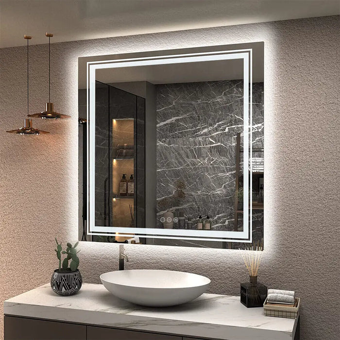 80cm modern square wall bathroom mirror with LED lights and dimmable feature for makeup and defogging purposes