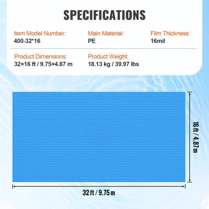 32 x 16ft 16mil Rectangle Solar Pool Cover for Inground & Above Ground Swimming Pools – Heat Retention, UV Protection, Energy-Saving Design