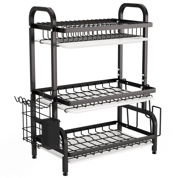 3-Tier Dish Drying Rack with Tray & Utensil Holder in Metal Material