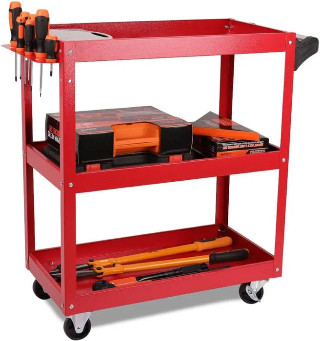 Garage Tool Storage Trolley 3 Tier Steel Cart with Screwdriver Bay & Lockable Wheels