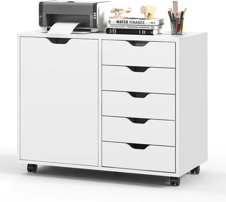 Modern Mobile Filing Cabinet Under Desk Storage with Drawers, Door & Large Top