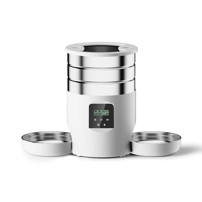 Automatic WiFi pet feeder in white with stainless steel bowls for easy feeding