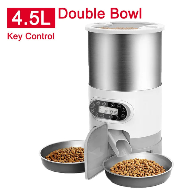 Pet feeder with multi-power supply and removable stainless steel bowls
