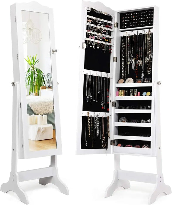 Standing Jewelry Organizer with Full-Length Mirror Multiple Shelves, Hooks & Lock