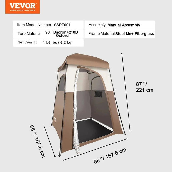 Portable camping shower tent with privacy, measuring 168cm x 168cm x 220cm