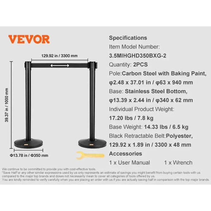 Two black crowd control stanchions with retractable belts for exhibition