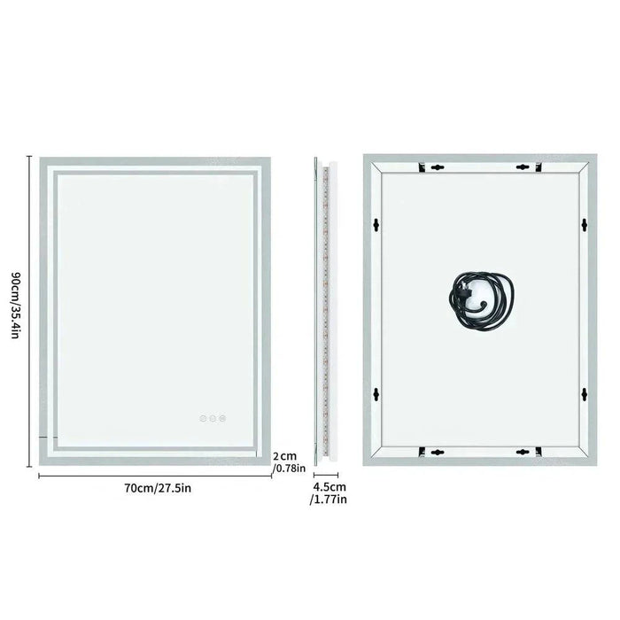 LED Light Bathroom Mirror Wall Mounted Vanity with Anti-Fog and Touch Control (70x90 cm) - FLUXA