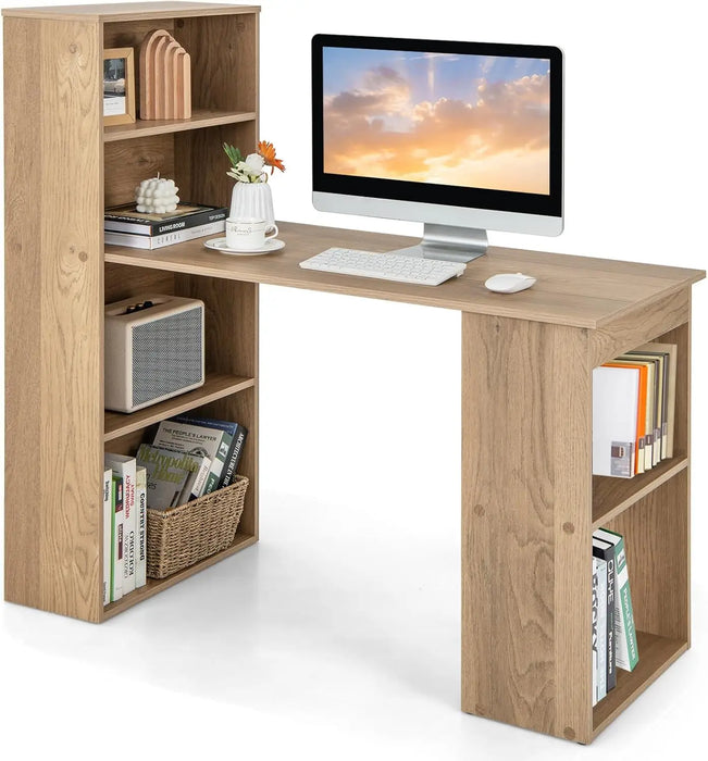 Space-Saving Computer Desk with Storage Shelves & CPU Stand Reversible 3-in-1 Design