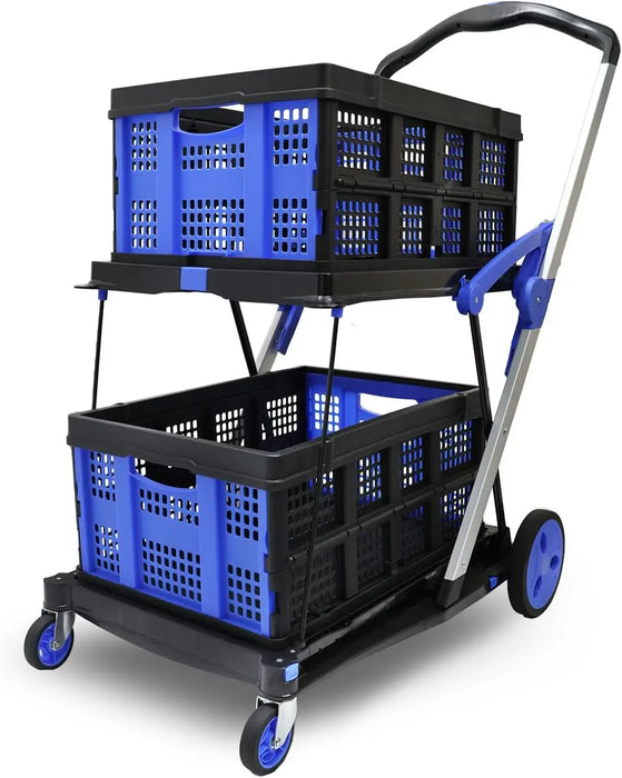 Portable 2-Layer Foldable Shopping Trolley with Removable Baskets and 360° Swivel Casters