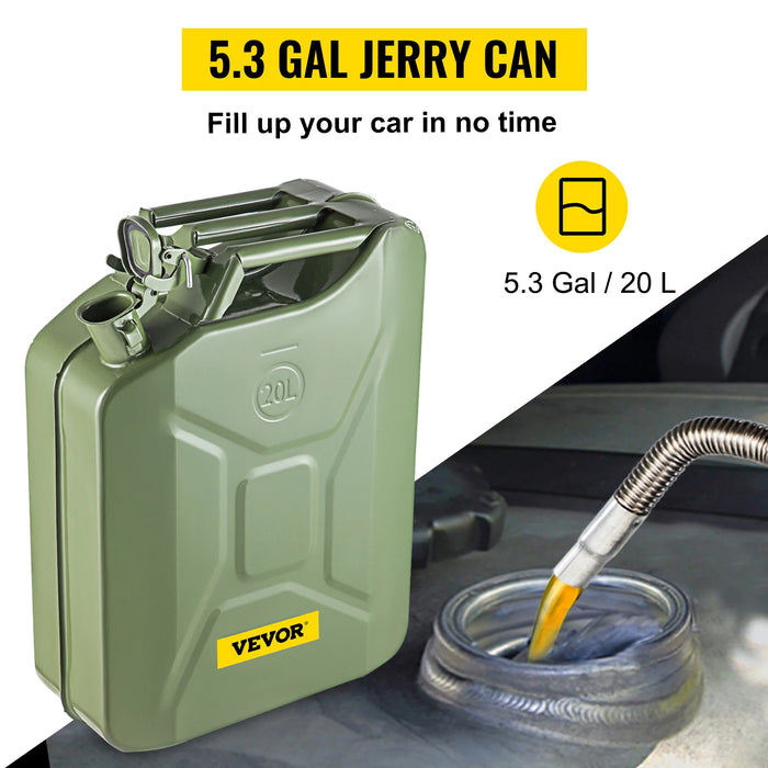 Two green 20L fuel can steel petrol tanks with rustproof, heat-resistant, and flexible spout features