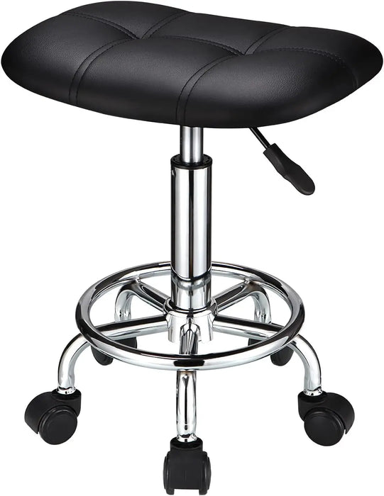 Swivel Rolling Stool Adjustable Height with Smooth Wheels, Black Square Seat