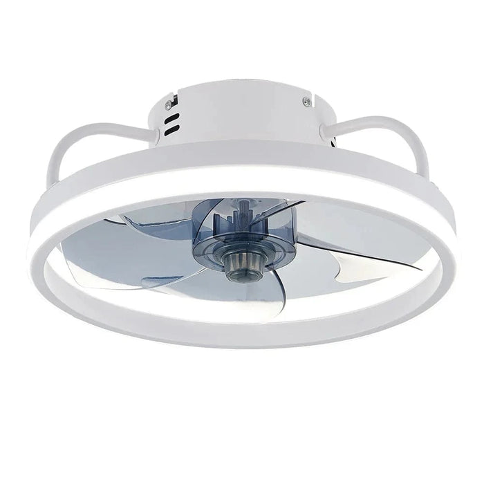 Contemporary white LED ceiling fan with reversible two-way blade, remote control, and tri-color light feature