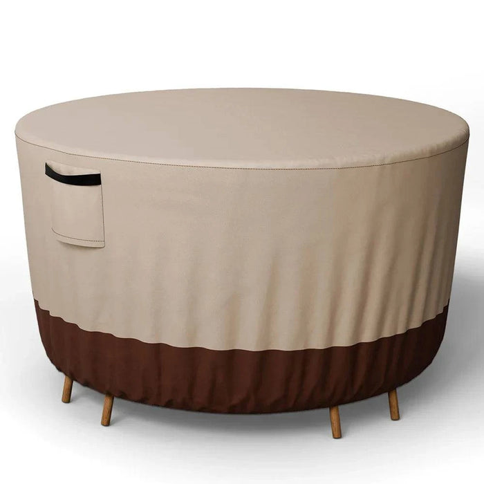 Large beige and brown 600D Oxford cloth round table cover for outdoor patio, waterproof and dust protector, measuring 280cm x 71cm