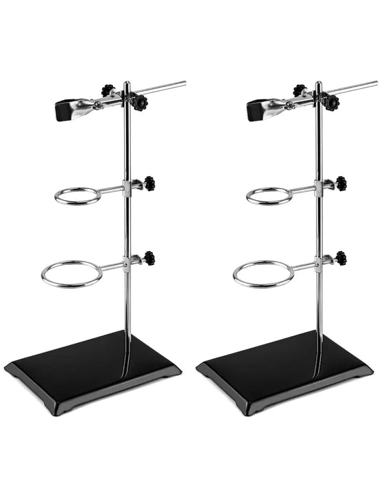 2-Piece Steel Lab Stand Set with Cast Iron Base, 16" Rod, Burette Clamp & Flask Ring