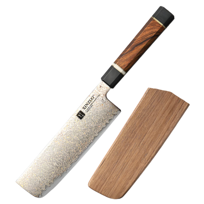 Nakiri Kitchen Knife, 7" Damascus Blade with Wood Cover