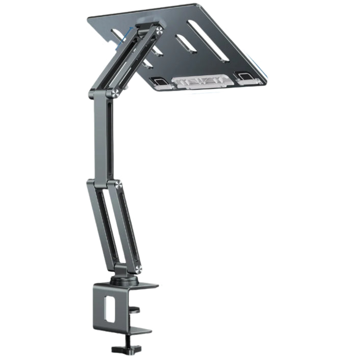 Adjustable laptop stand in grey green color with a 360° rotating base for optimal viewing angles