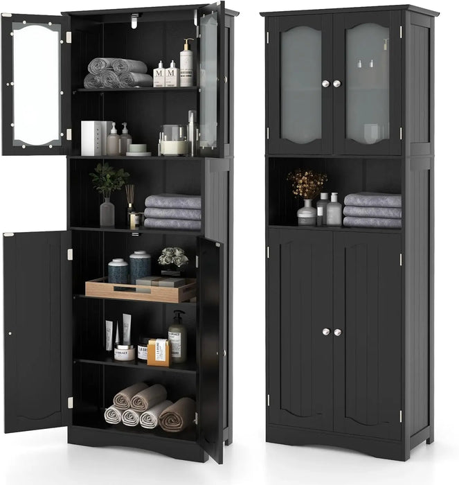 Tall Freestanding Storage Cabinet with Frosted Glass Doors, Adjustable Shelves and Open Compartment