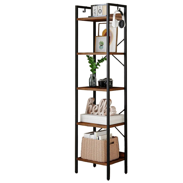 Industrial 6-Tier Bookshelf with 2 Hooks Rustic Brown & Black, Corner Storage Organizer