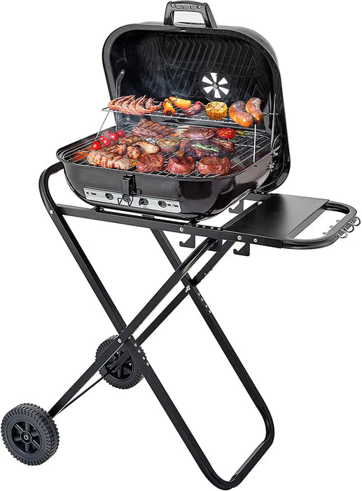 Outdoor Folding BBQ Grill with Adjustable Height & Rack Black