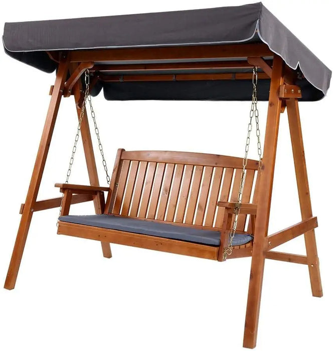 Outdoor Wooden Swing Chair 3-Seater with Adjustable Canopy & Cushions Teak Finish Patio Bench