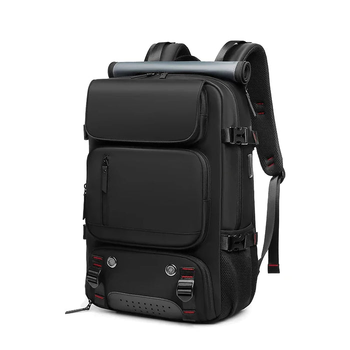 Black waterproof travel laptop backpack with USB charging port and shoe compartment