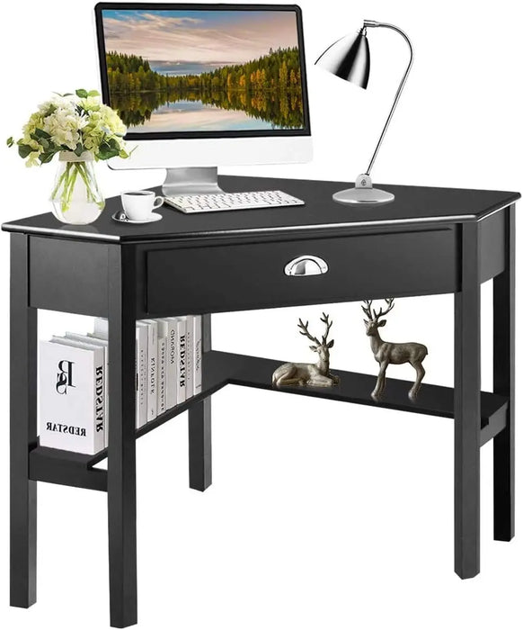 Space-Saving Corner Computer Desk Wood Workstation with Drawer & Shelves for Home or Study