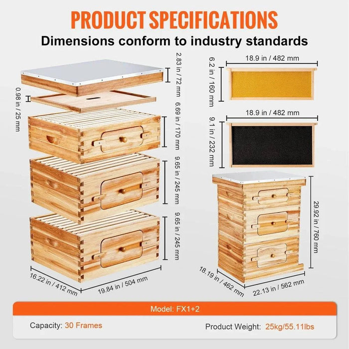 Bee Hive Deep Box Starter Kit - 100% Beeswax Coated Cedar Wood, Langstroth Design with Transparent Acrylic (2ZHGH - 30 Frames) - High-quality and durable beekeeping equipment for beginners and experts
