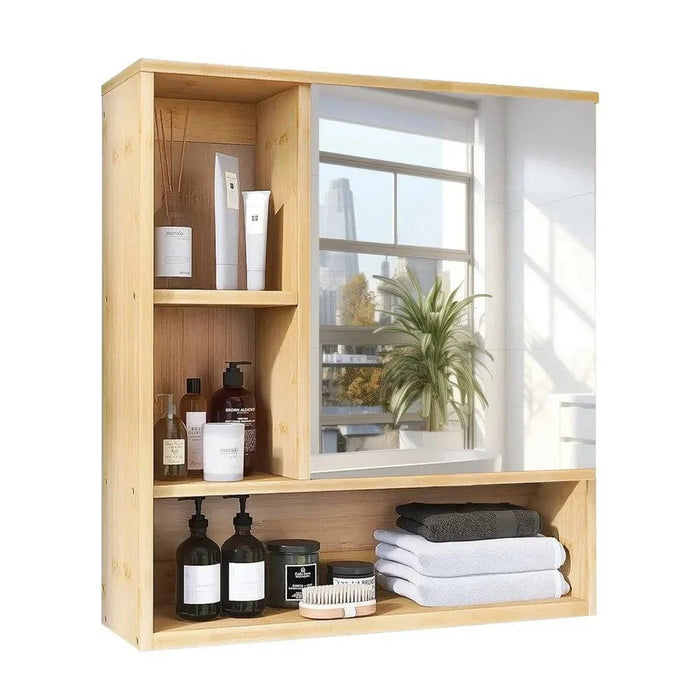 Natural bamboo medicine cabinet with mirror and triple tier design