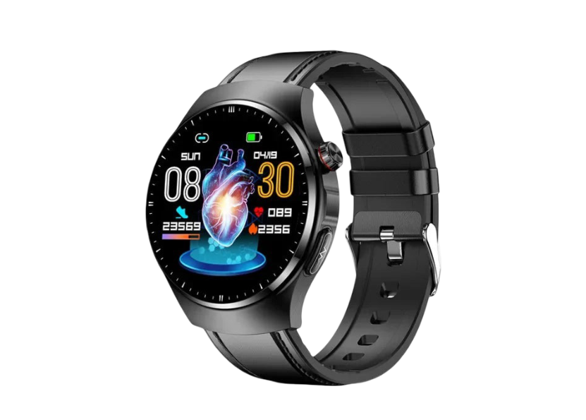 Smart Watch Black Steel with Call, Heart Rate & Sleep Tracker Black Leather
