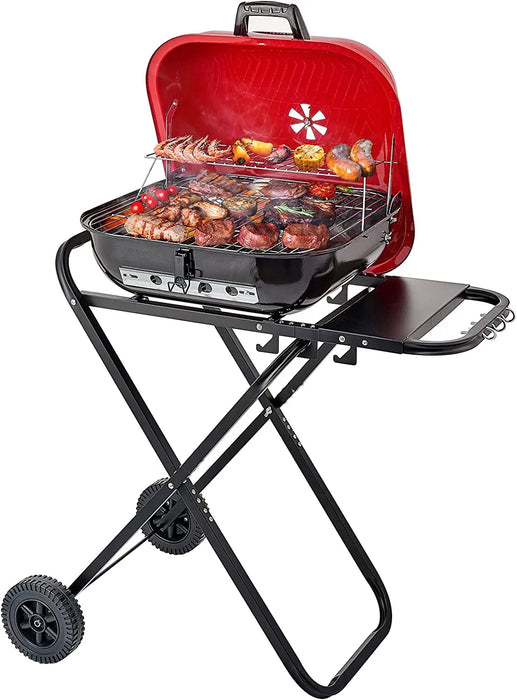 Outdoor Folding BBQ Grill with Adjustable Height & Rack Red