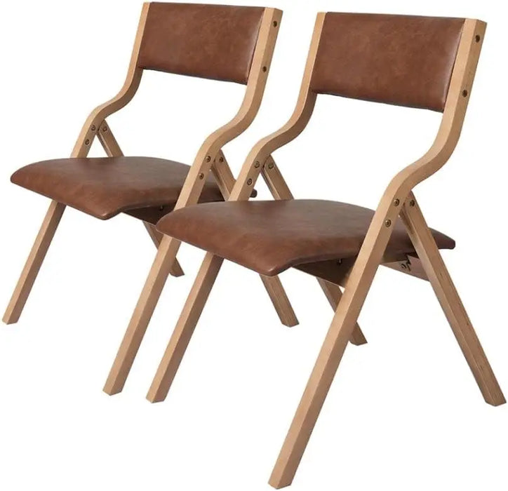 Compact Folding Chairs Set of 2 Sturdy Wooden Frame with Comfortable PU Leather Upholstery