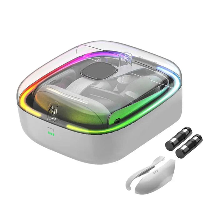 Black wireless VR headset docking station with safety protection for travel, car, and school