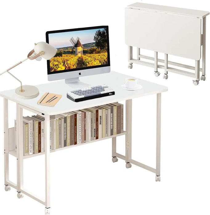 Portable Folding Desk with 100cm Tabletop and Storage Shelves Modern Mobile Office Solution