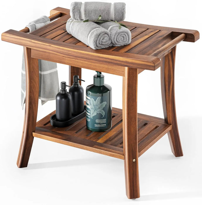 Waterproof Acacia Shower Seat with Storage Shelf Sturdy Bathroom Bench for Spa Comfort