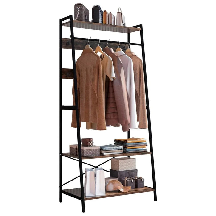 Large black metal clothes rail with dark brown shelves in bedroom setting