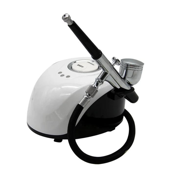 Multifunction Airbrush Kit with 3-speed Compressor, suitable for makeup, nail art, cake decorating, tattoos, and crafts, featuring a 3-stage adjustable air pressure mode and a 02 mm needle, with compact design and easy cleaning kit included