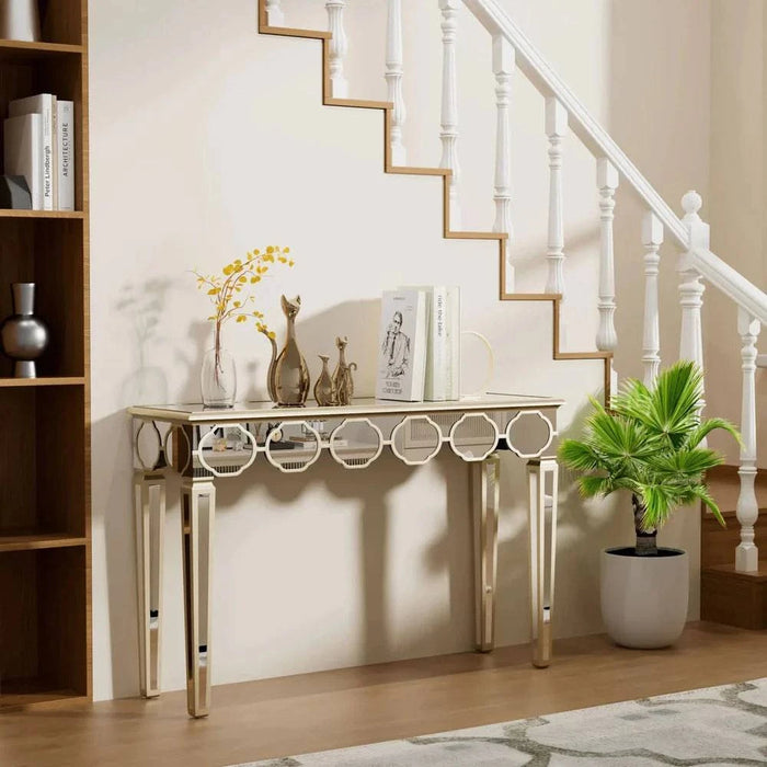 Rectangular Mirrored Console Table with Gold Rim and Elegant Design